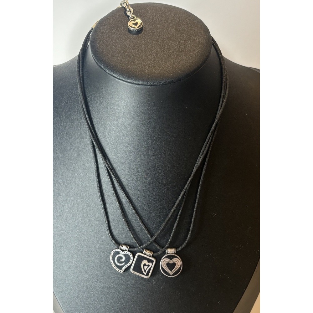 Brighton 3 Strand Black Silver Heart Charm Reversible Necklace 16" Adjustable
